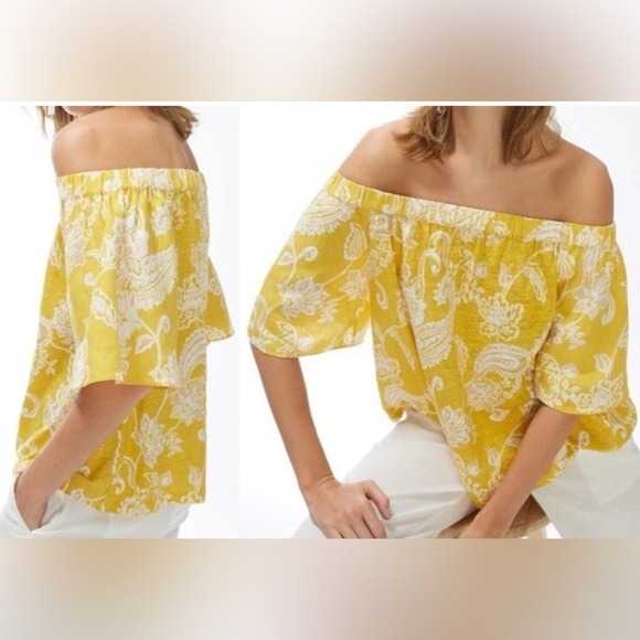 Chico’s Womens Blouse XL Off Shoulder Yellow White Floral Linen Boho Peasant - Picture 1 of 9